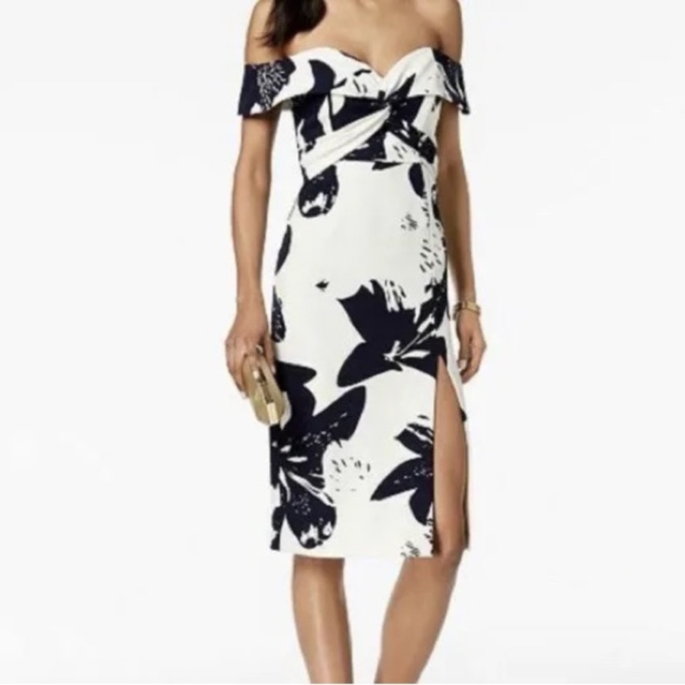 Elegant BARDOT navy blue and white off shoulder cocktail dress